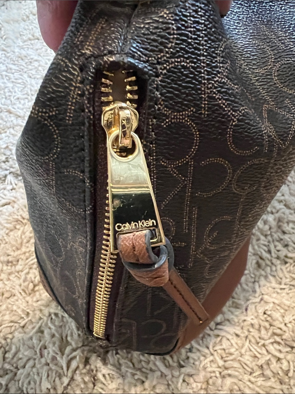 CALVIN KLEIN Dark Brown Monogram Shoulder Bag with Tan Trim - Picture 6 of 8